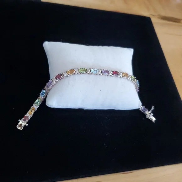 925 Sterling Silver Multi Gemstone Tennis Bracelet  Overtone Vintage - Picture 12 of 15